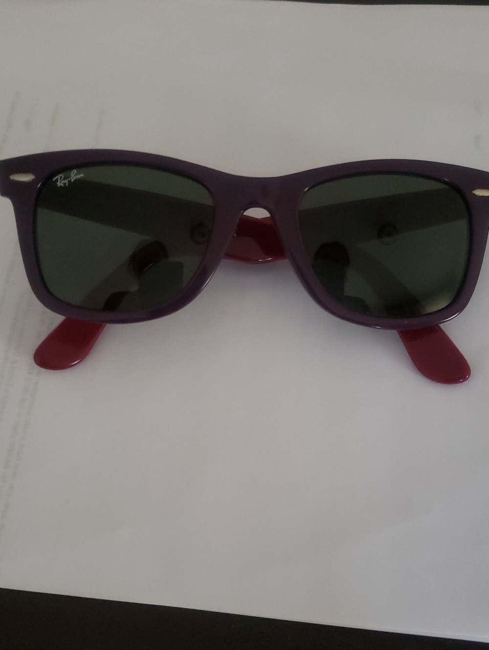 Ray-Ban Purple Frames with Red Temples and Green Lenses